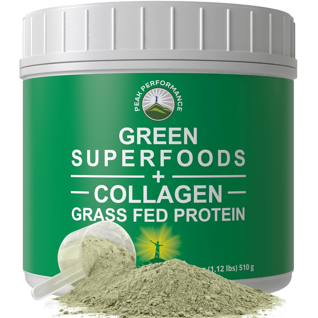 Greens Superfood + Grass Fed Collagen Peptides Powder - Ultimate Blend of Best Tasting Green Superfood with Pure Pasture Raised Hydrolyzed Proteine Powder for Skin Hair + Joint Health