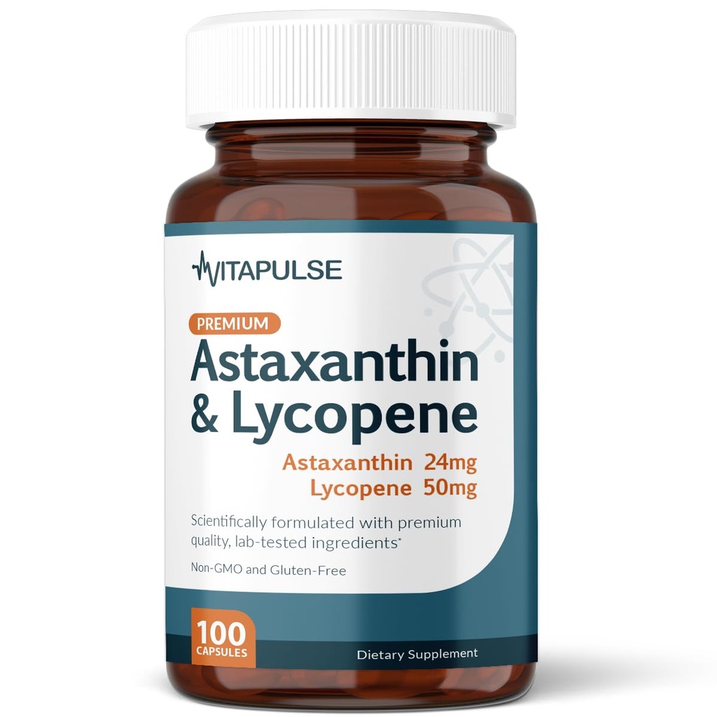 Astaxanthine 24mg met Lycopeen 50mg Supplement, 100 Vegetarische Capsules, Non-GMO, Glutenvrij