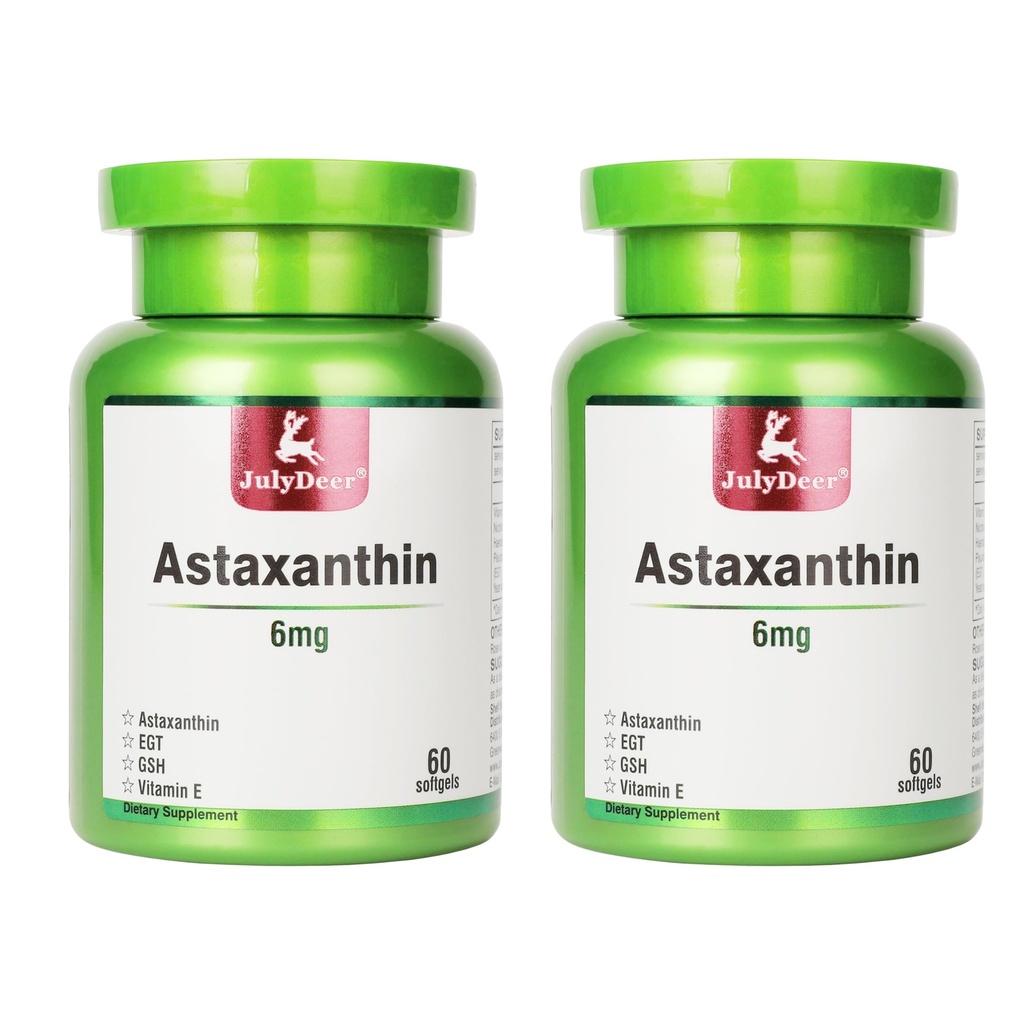 JulyDeer 2 Flessen Astaxanthine 6 mg met Nicotinamide Vitamine E Premium Antioxidant Supplement EGT GSH - voor huid, oog, gewrichts- en immuunsysteem Gezondheid Cel Gezondheid en Energie