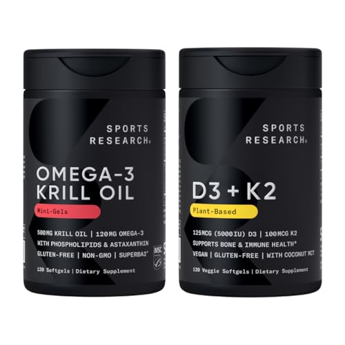 Sports Research® Multivitamine Pack - Omega-3 Krill Oil 500mg w/Choline, Fosfolipiden & Astaxanthine en vitamine K2 & Vegan D3 5000iu met kokos MCT olie - Non-GMO · Glutenvrij