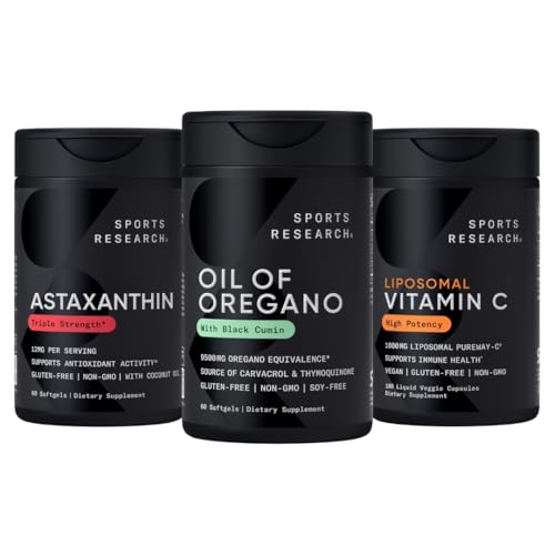Sports Research® Antioxidant Support Pack - Olie van Oregano 9500mg + Triple Strength Astaxanthine 12mg + Liposomale Vitamine C Supplement 1000 mg