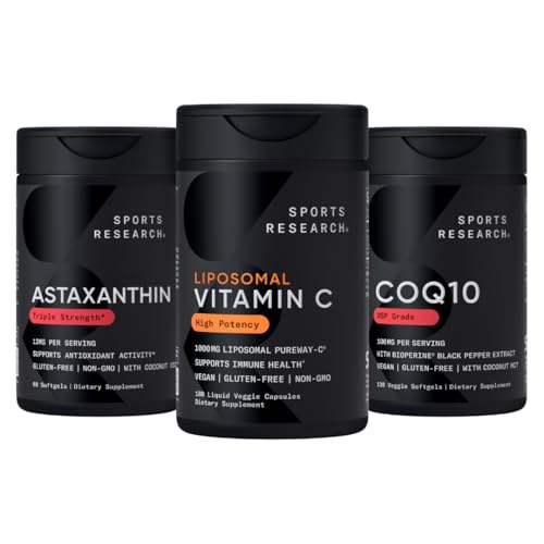 Sports Research® Antioxidant Support Pack - High Potency Liposomale Vitamine C Supplement 1000mg + Co-enzym Q10 100mg + Triple Strength Astaxanthine 12mg w/Organische Kokosolie