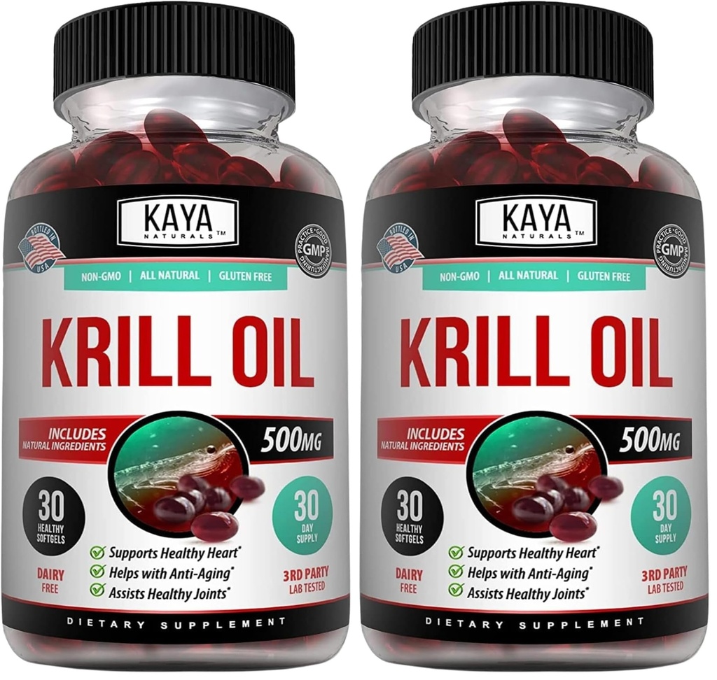 Kaya Naturals - Antarctische Krillolie 500mg met Omega 3, EPA, DHA, Fosfolipiden & Astaxanthine Supplement - Hersenen & gezondheid Vitamine - Antiveroudering Supplement - 30 Tel Softgels (pakket van 2)