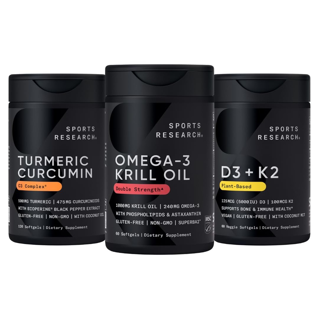 Sportonderzoek Antarctische Krillolie Omega 3 1000mg (met fosforlipiden, choline en astaxanthine), Kurkuma C3-complex (met bioperine zwarte peper en kokosolie) en plantaardige vitamine D3 + K2