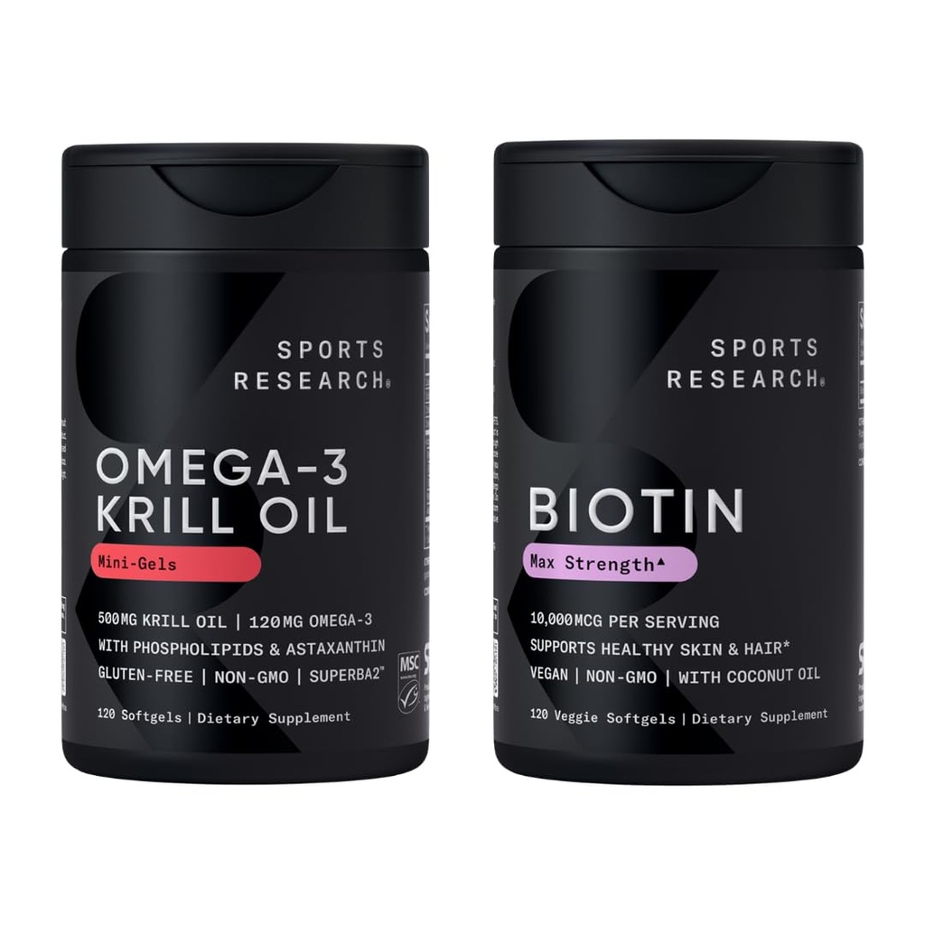 Sports Research® Glow and Flow Pack - Omega-3 Krill Oil 500mg - Pure Antarctische Superba Krill met Fosfolipiden, Choline & Astaxanthine & Biotin 10.000mcg met biologische kokosolie (Vitamine B7)