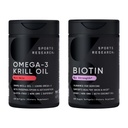 Sports Research® Glow and Flow Pack - Omega-3 Krill Oil 500mg - Pure Antarctische Superba Krill met Fosfolipiden, Choline & Astaxanthine & Biotin 10.000mcg met biologische kokosolie (Vitamine B7)