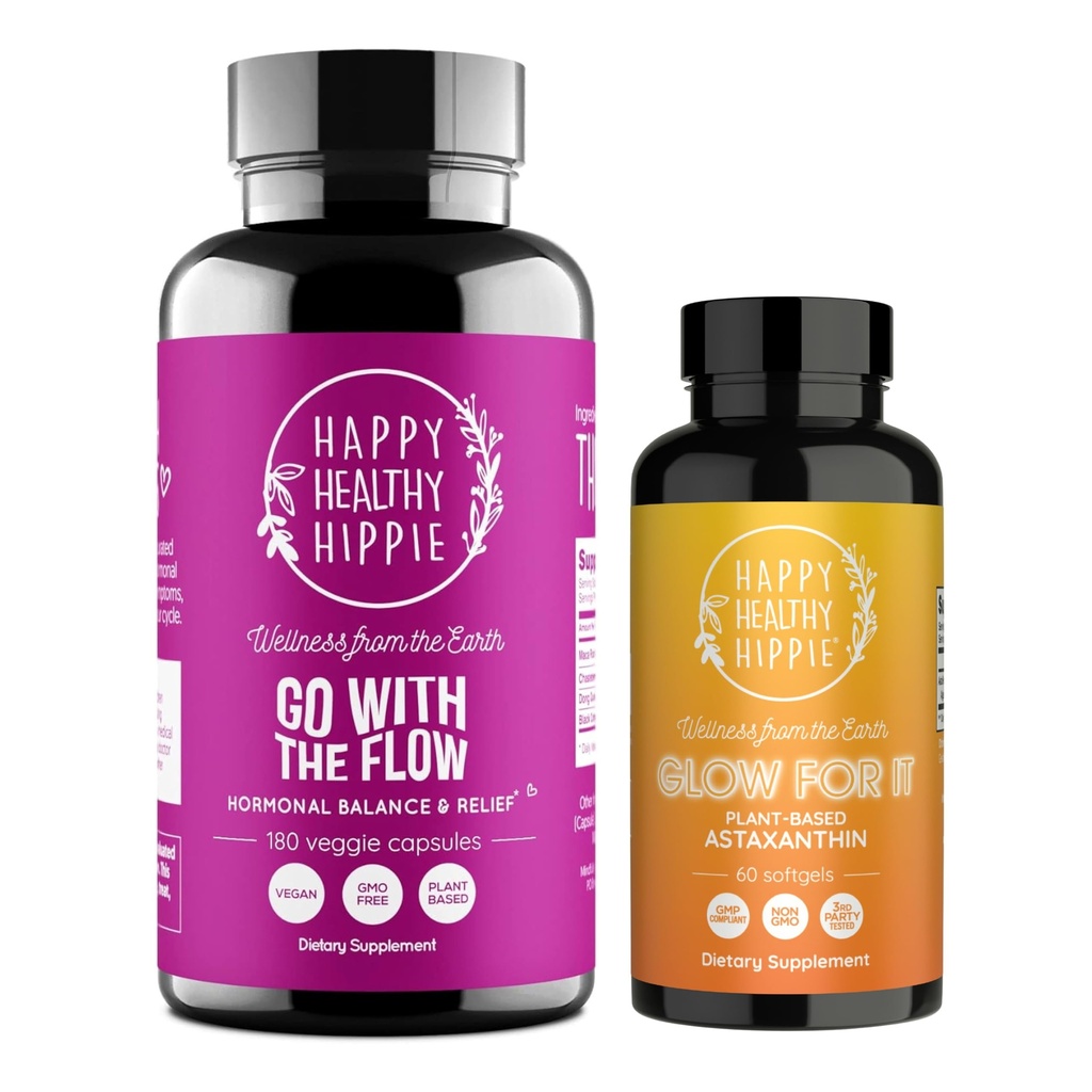 Happy Healthy Hippie Glow for It Astaxanthine Supplement & Go with The Flow Hormone Balance for Women 180ct
