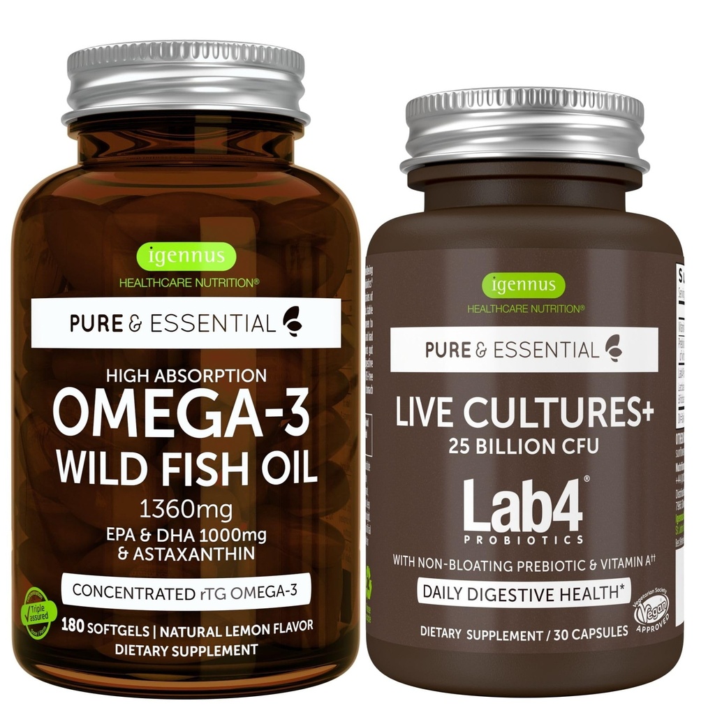 Pure en essentiële hoge Absorptie Omega-3 Wilde Visolie 1360mg + levende Culturen+ Lab4 Probiotica bundel, 1000mg EPA & DHA met astaxanthine + 25 miljard CFU Lactobacillus Acidophilus & Bifidobacterium wi