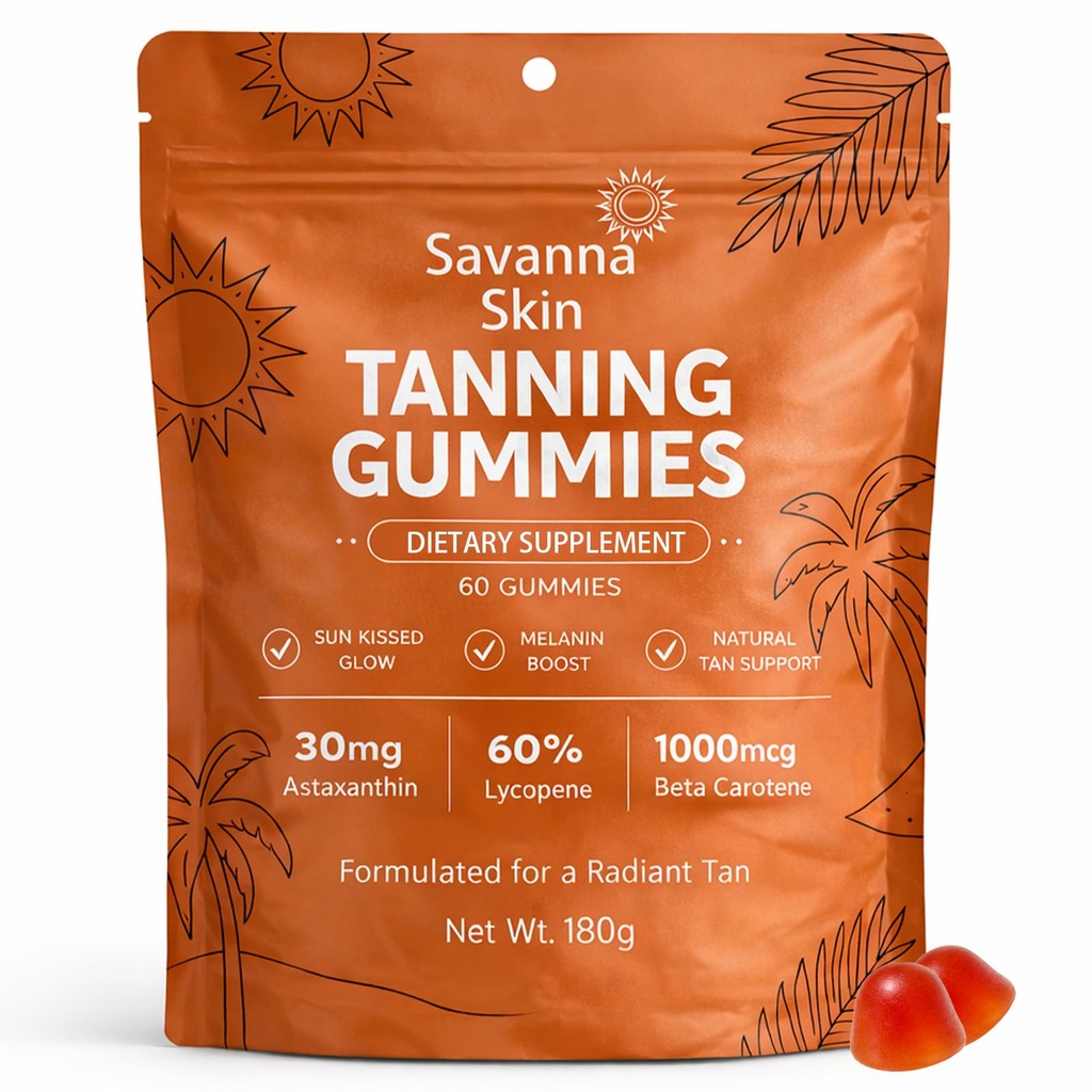Savanna Skin Tanning Gummies, with Vitamin C & E, Astaxanthine, Beta Caroteen, Skin Radiance & Hydration for Natural Looking Glow, Bronzing, Non-GMO, Vegan & Sugar Free - 60 Count (1)