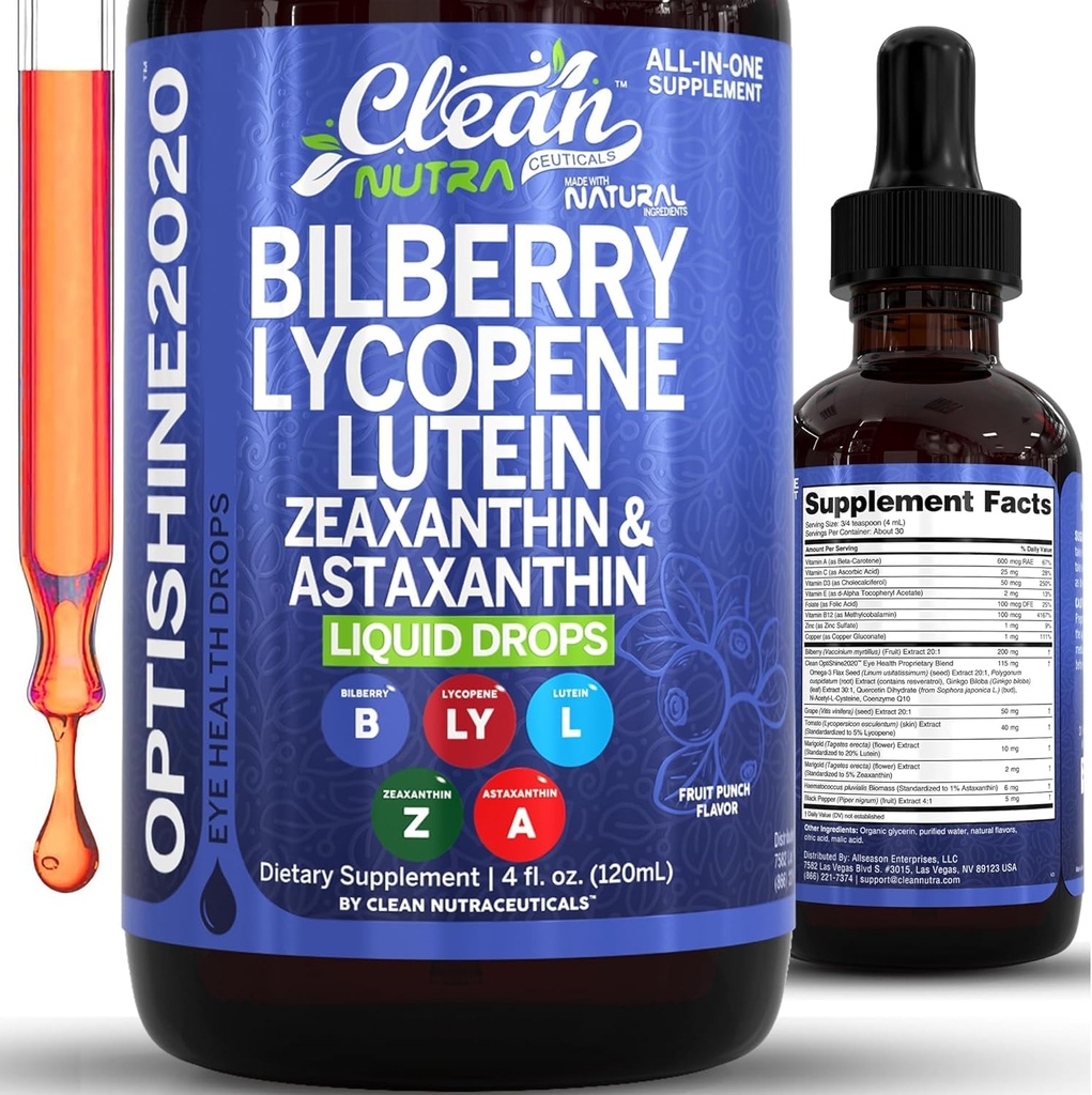 Clean Nutra Luteïne en Zeaxanthine Oogvitaminen Supplement Lycopeen Astaxanthine Bilberry Liquid Drops 