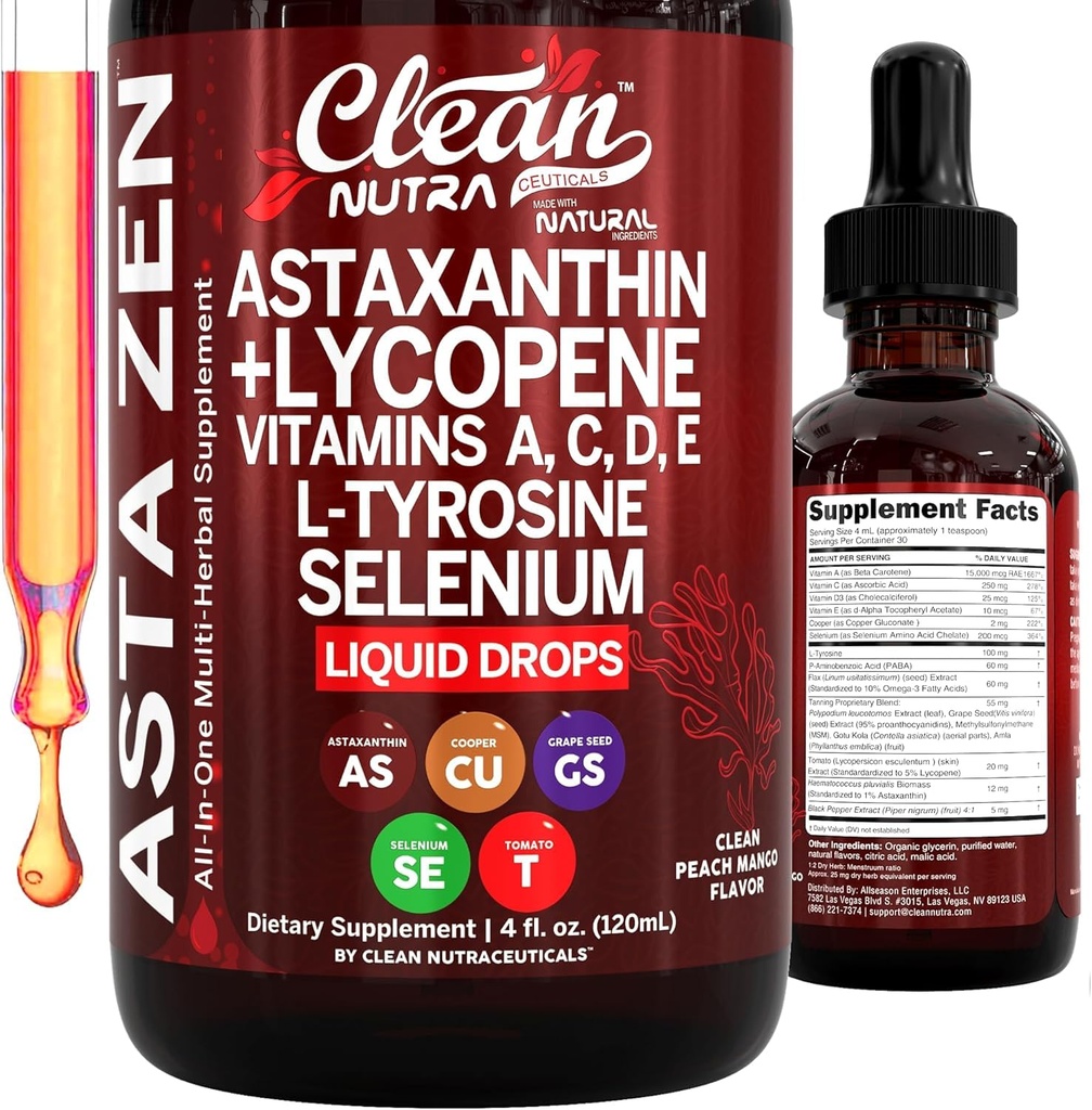 Clean Nutra Astaxanthine Lycopeen Liquid Drops Absorptie Ondersteuning Vitaminen A C D E 4 fl oz 