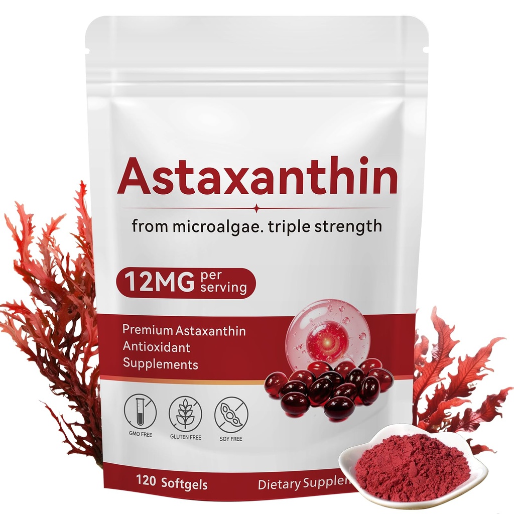 Astaxanthine 12mg, 120 Softgels, Premium Astaxanthine Antioxidant Supplement ondersteunt oog, huidgezondheid, immuun, interne circulatie
