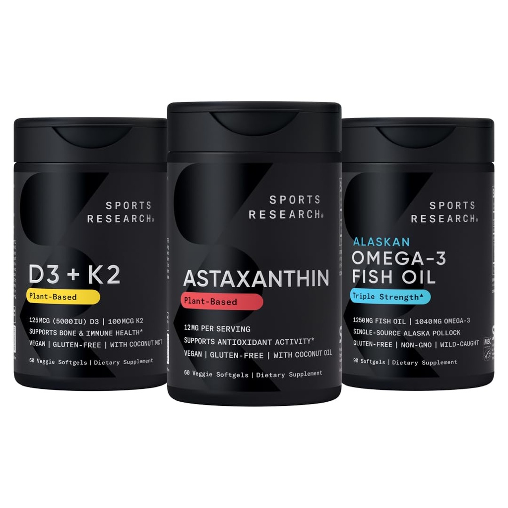 Sportonderzoek® Antioxidant Support Pack w/Triple Strength Vegan Astaxanthine Supplement van Algen, Omega-3 Visolie 1250mg en Vitamine D3 5000iu & Mk7 Vitamine K2 met Kokos MCT Olie