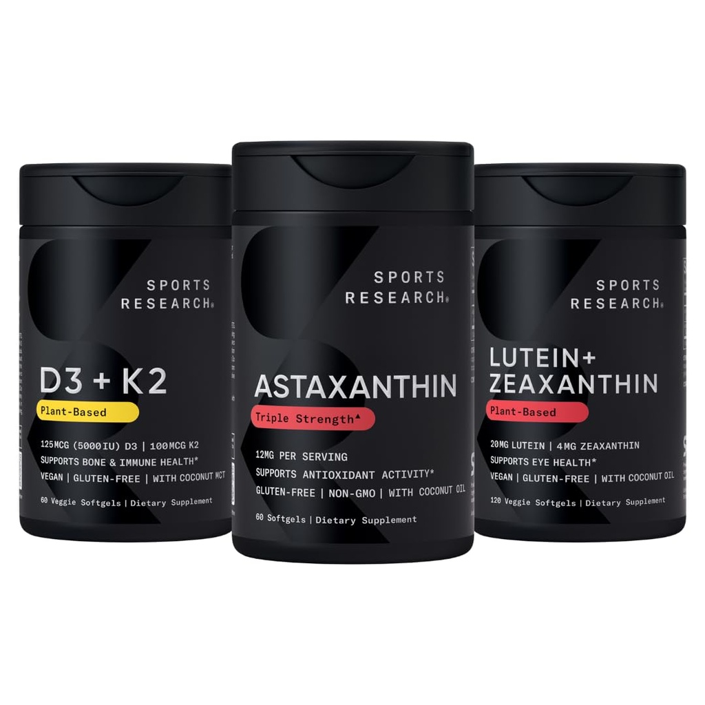 Sports Research® Antioxidant Support Pack w/Astaxanthine 12mg, Vitamine D3 5000iu + K2 100mcg, en Lutein 20mg + Zeaxanthine 4mg Supplementen - Vegan Certified · Non-GMO · Gluten & sojavrij