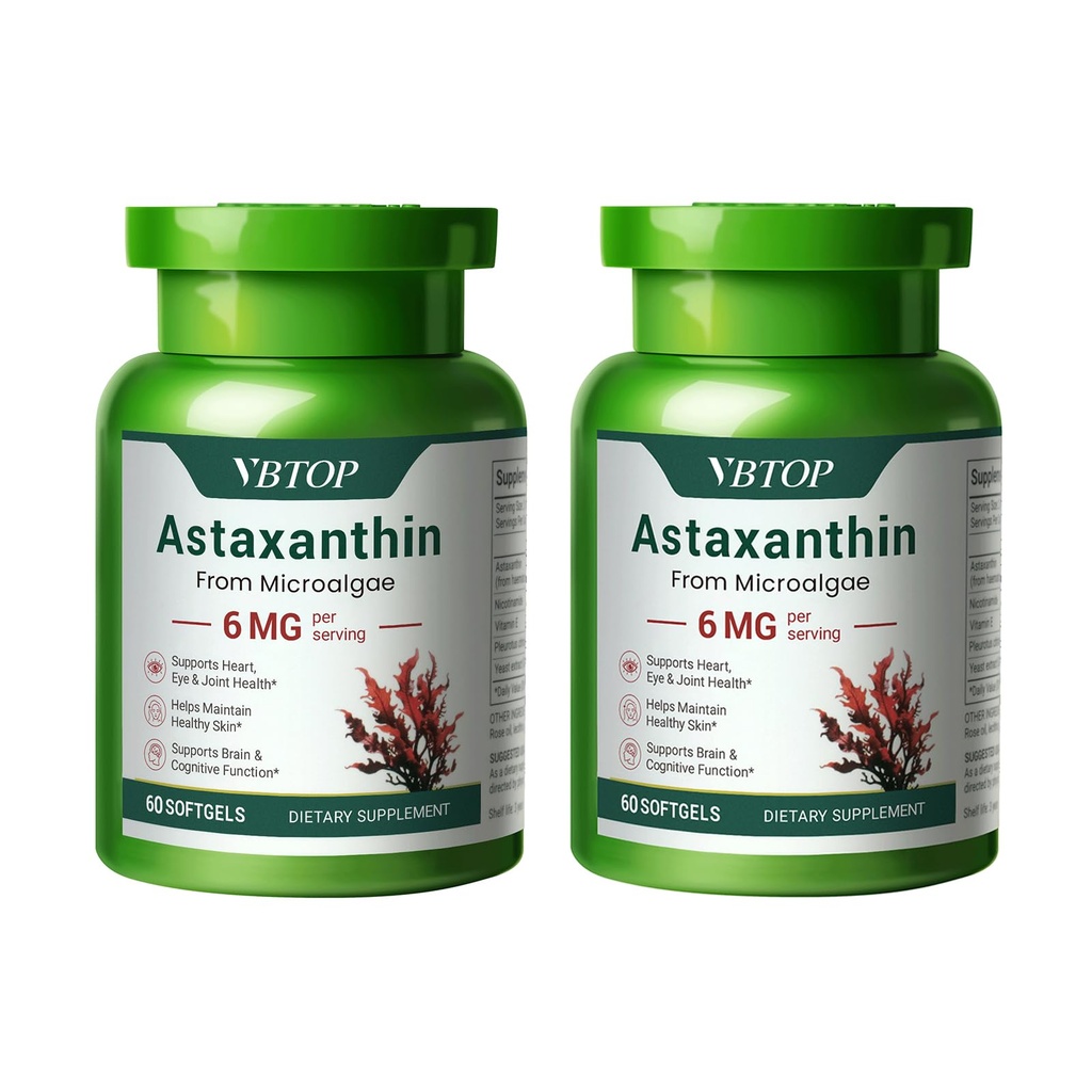 2 flessen Astaxanthine 6 mg, Premium Astaxanthine Supplement met Antioxidant activiteit, Ondersteunt oog, huid, gewrichts- en immuunsysteem gezondheid. Verse Microalgen Bron, Niet-GMO, glutenvrij - 120 softgels