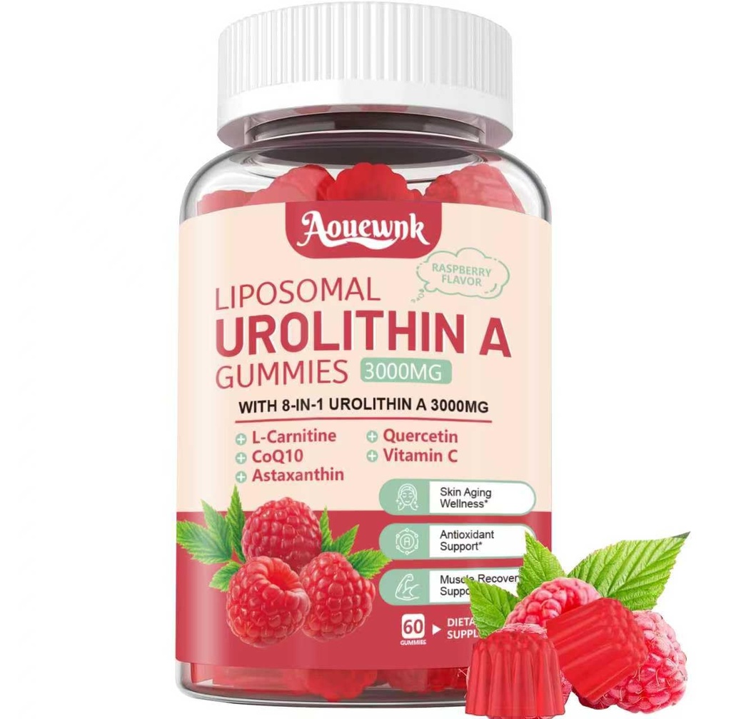 1 verpakking 3000 mg liposomaal Urolithine A 8-in-1 Gummies Supplement bevat CoQ10, Resveratrol, L-Carnitine, quercetine, vitamine C, astaxanthine, Mito & Cell Support, Anti-Aging, Metabolisme & Energy Boost