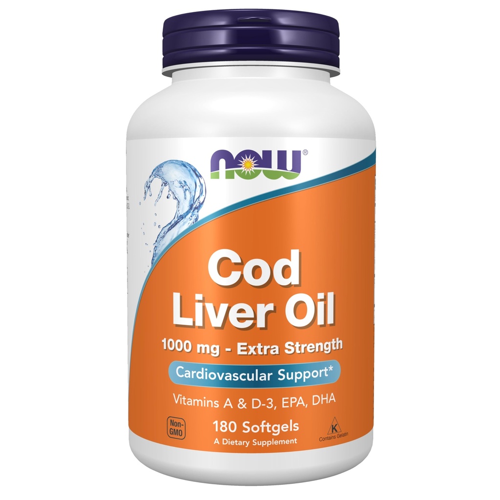 NU voedingssupplementen, kabeljauwleverolie, extra sterkte 1000 mg met vitamine A & D-3, EPA, DHA, 180 Softgels