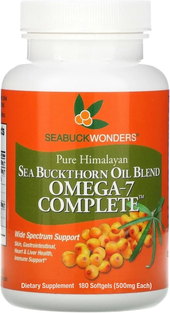 SeabuckWonders Biologische Zee Buckthorn Oil, Omega-7 Complete Softgels, 180 Graaf, met Omega 3, 6 & 9, Ondersteunt Haar, Huid & Nagel Gezondheid, 1000mg per Serving