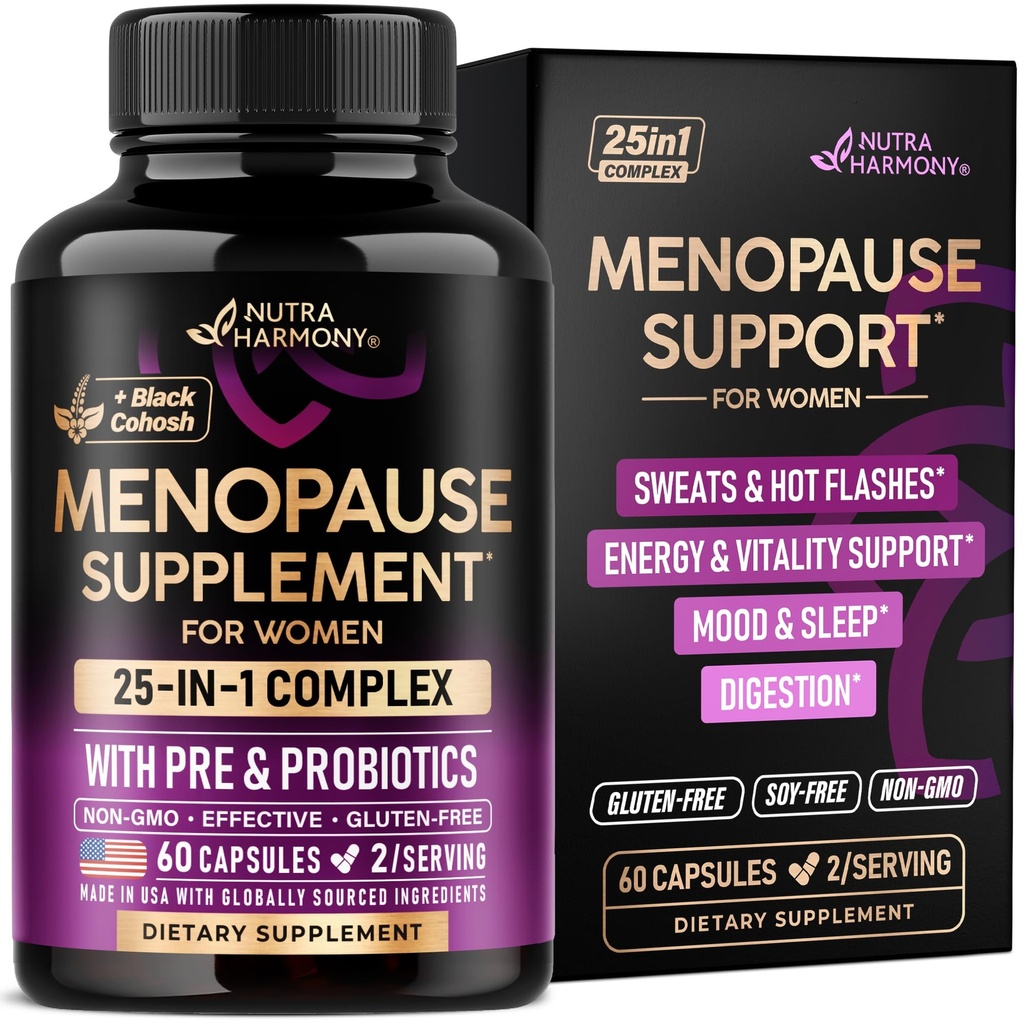 Menopauzesupplementen voor vrouwen - Dong Quai, Black Cohosh, Pre & Probiotica - Sweats & Hot Flashes Relief - Digestie, Slaap & Mood Support - 25-in-1 Perimenoause Complex - Made in USA - 60 Capsules