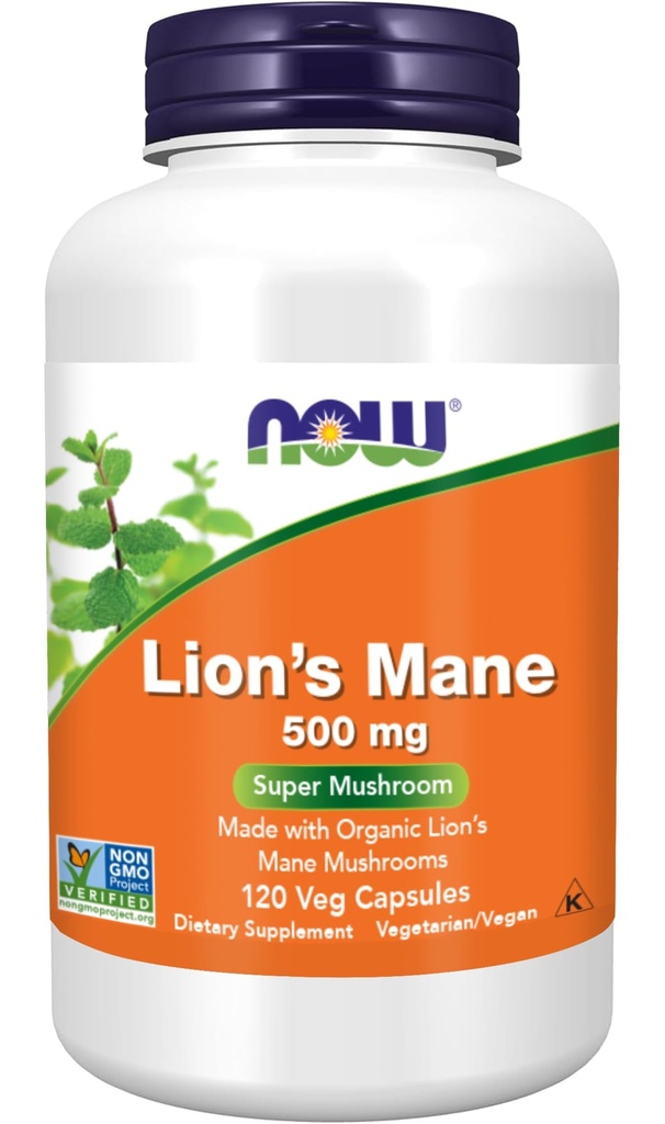 NOW Foods Supplements, Lion's Mane 500 mg, Super Paddestoelen, Gemaakt met biologische Lion's Mane Paddestoelen, 120 Veg Capsules