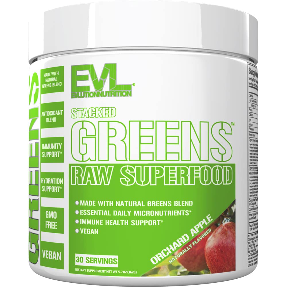 Evlutie Voeding Stacked Greens - Raw Superfood - Made with Natural Greens Blend + Essential Daily Micronutrients - Immunity + Hydration Support - Vegan & GMO-Free - 30 Servers - Orchard Apple