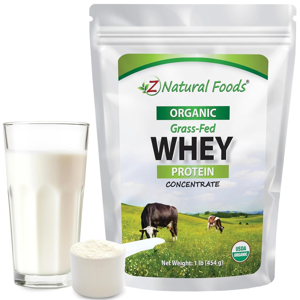 Z Natural Foods Biologische Wei Proteïne Concentraat - Nutriënt-Dense Gras Fed Wei Proteïne Poeder - Koud Verwerkt Pure Wei Proteïne met Essentiële Aminozuren voor Voeding & Fitness, Unflavored, 1 lb