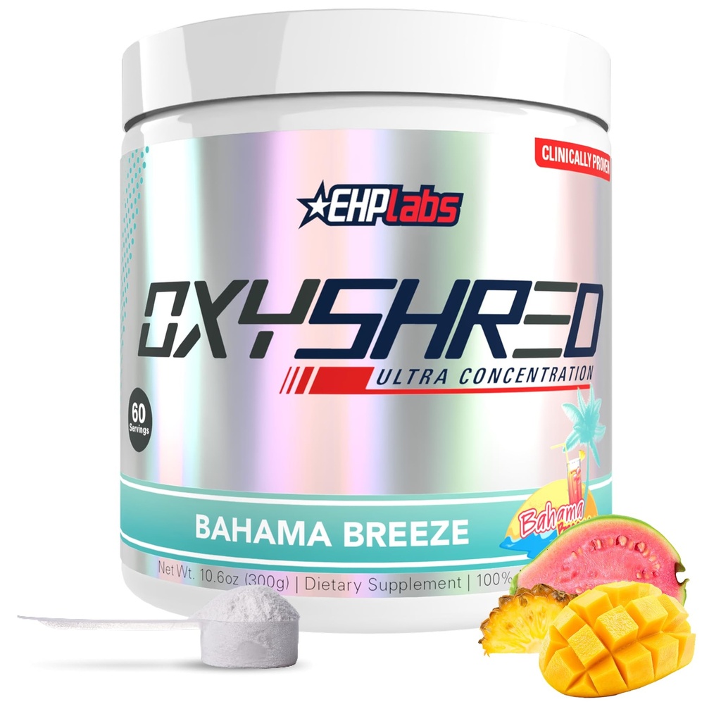 EHP Labs OxyShred Pre Workout Powder - Preworkout Powder with L Glutamine & Acetyl L Carnitine, Energy Boost Drink - Bahama Breeze/Beach, 60 Servers