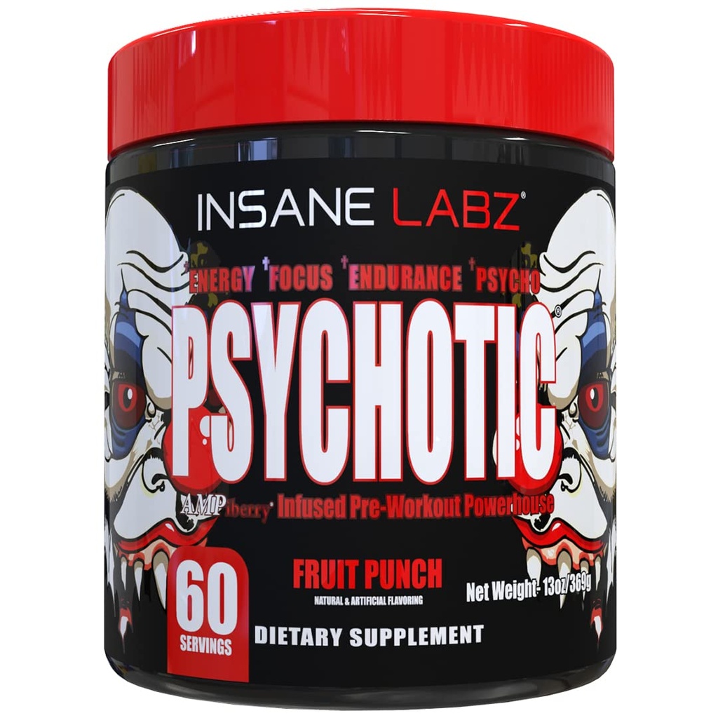 Insane Labz Psychotisch, High Stimulant Pre Workout Powder, Extreme Lasting Energy, Focus and Endurance met Beta Alanine, Creatine Monohydraat, DMAE, 60 Srvgs, Fruit Punch