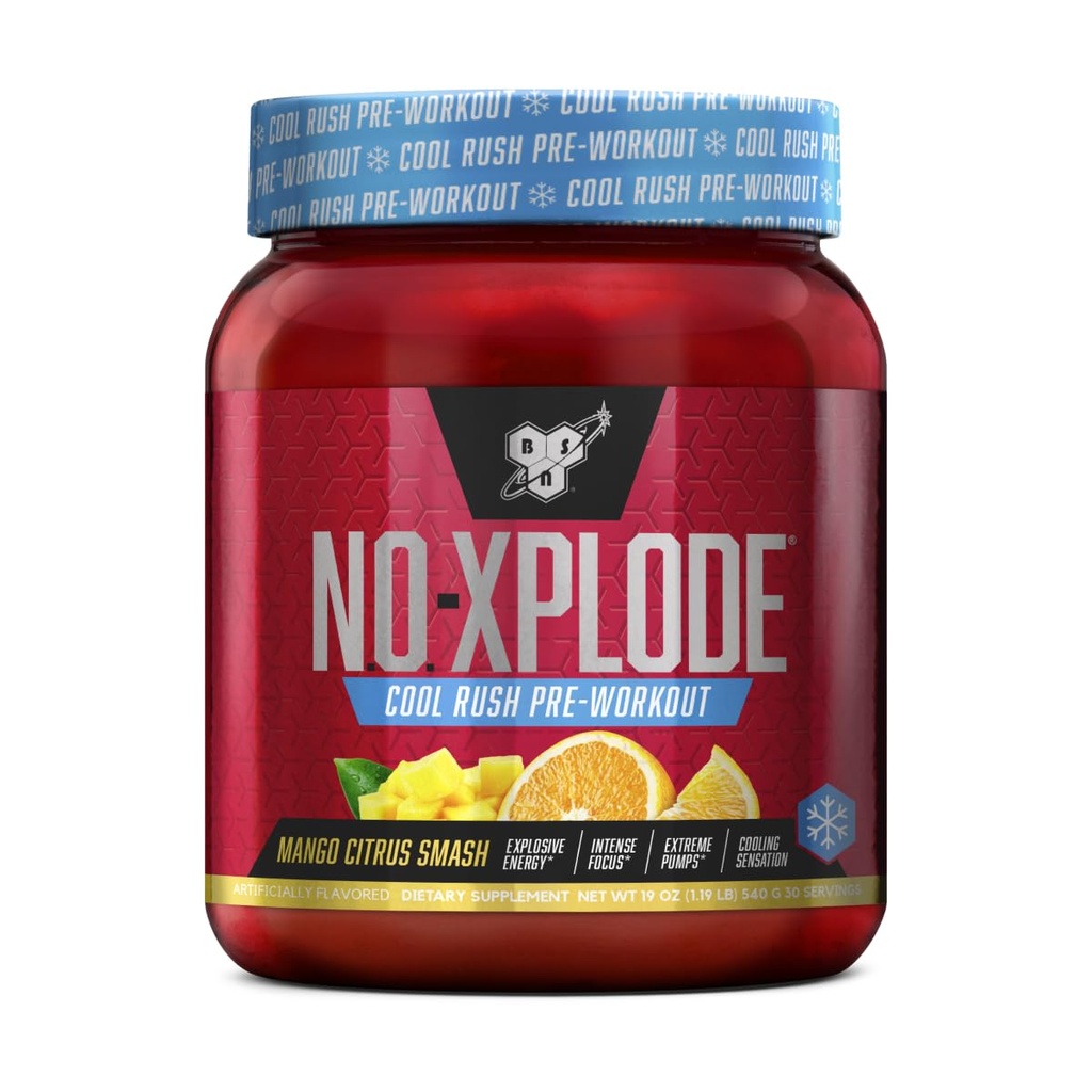 BSN N.O.-XPLODE Cool Rush Pre Workout Powder, Preworkout Energy Supplement voor mannen en vrouwen met Creatine en Beta-Alanine, Mango Citrus Smash, 30 Servers, 1,2 Pond (Verpakking mei Vary)