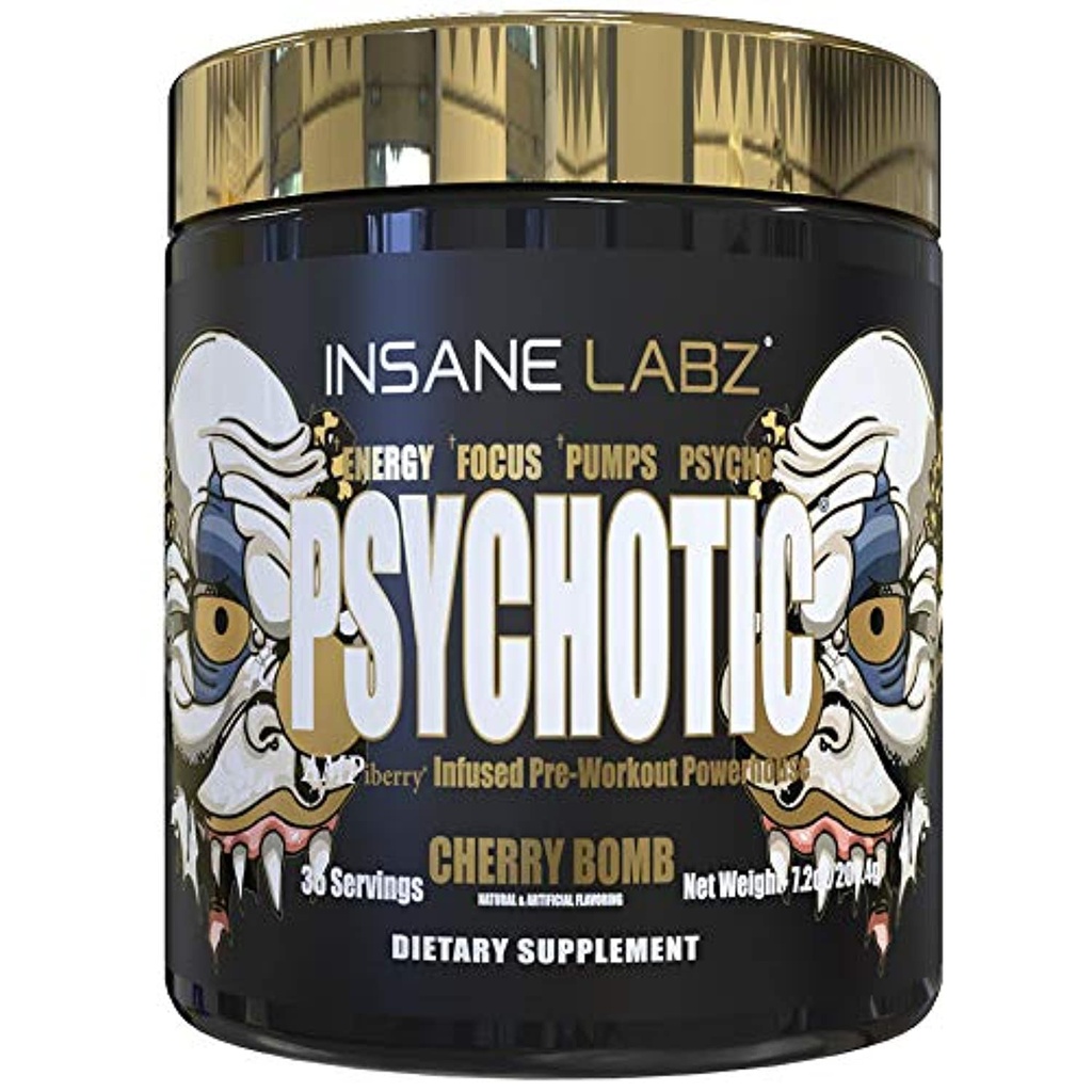 Insane Labz Psychotic Gold, High Stimulant Pre Workout Powder, Extreme Lasting Energy Focus, Pompen en Endurance met Beta Alanine, DMAE Bitrate, NO Booster (35 Servers, Cherry Bomb)