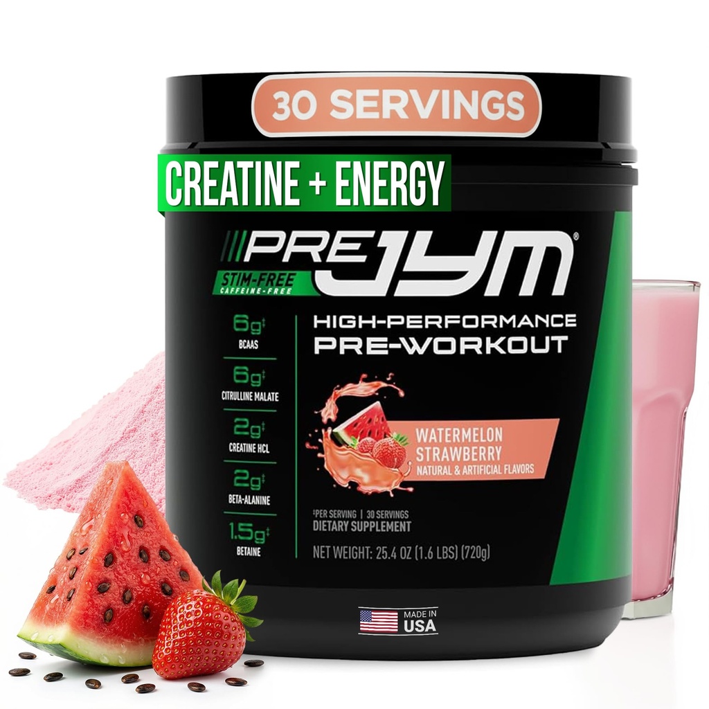 Pre JYM Stim Gratis Watermeloen Aardbei Pre-Workout Powder, Creatine, Geen Cafeïne, Citrulline, Betaine, BCAA's, Taurine, Alpha-GPC, Huperzine, 30 porties