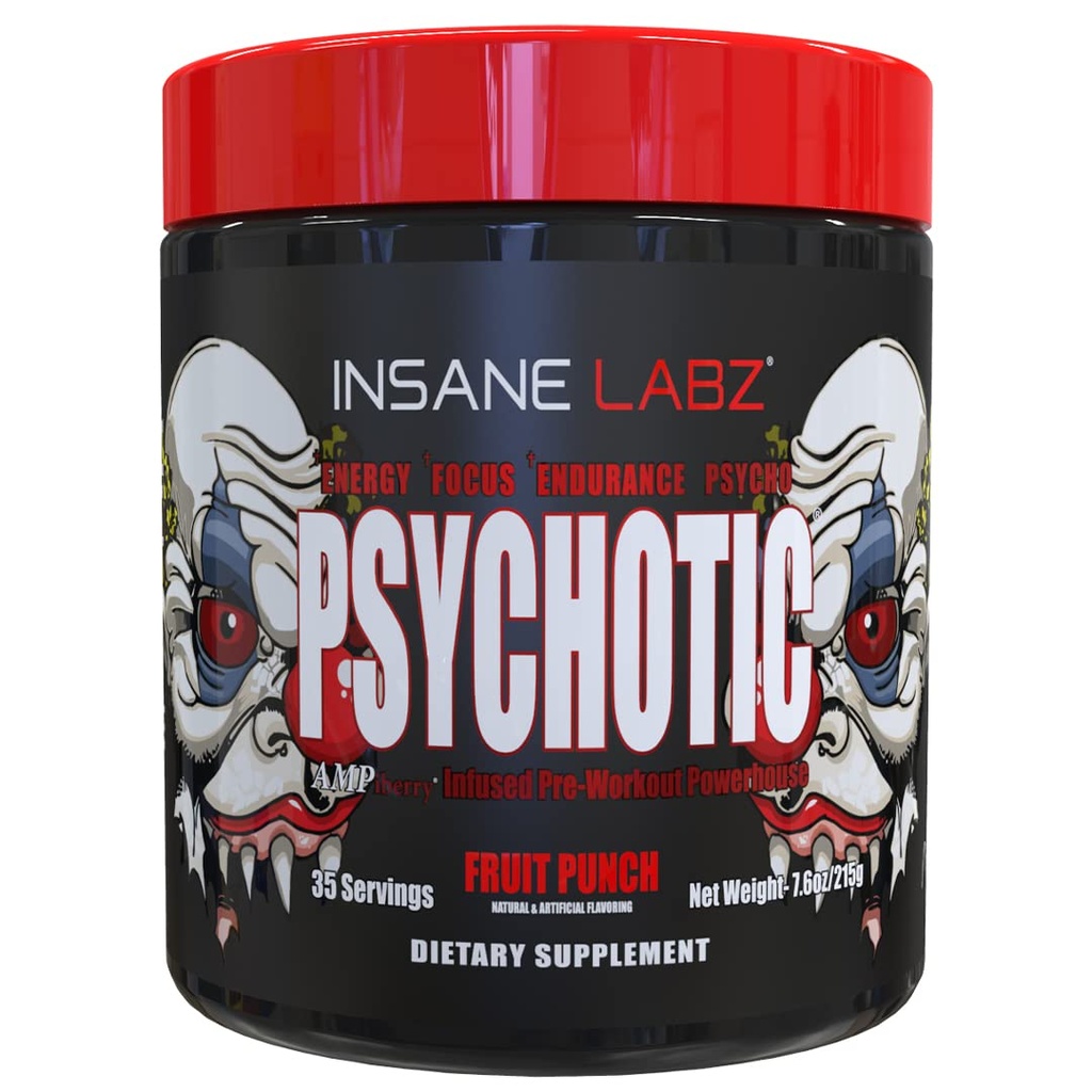 Insane Labz Psychotisch, High Stimulant Pre Workout Powder, Extreme Lasting Energy, Focus and Endurance met Beta Alanine, Createine Monohydraat DMAE, 35 Srvgs (Fruit Punch)