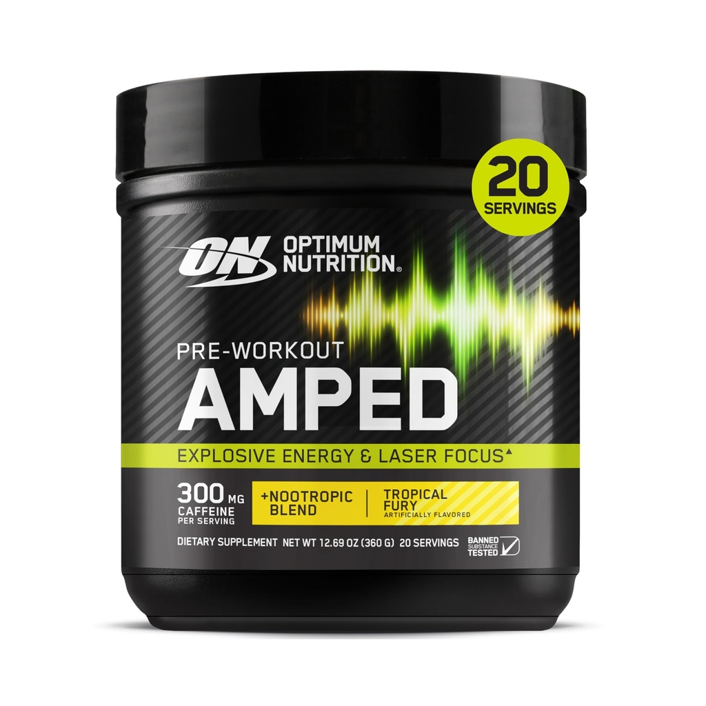 Optimale voeding Amped Pre-Workout, met Citrulline, Beta-Alanine, Nootropics en 300 mg cafeïne voor energie, Tropical Fury, 20 Servings (Verpakking mei Vary)