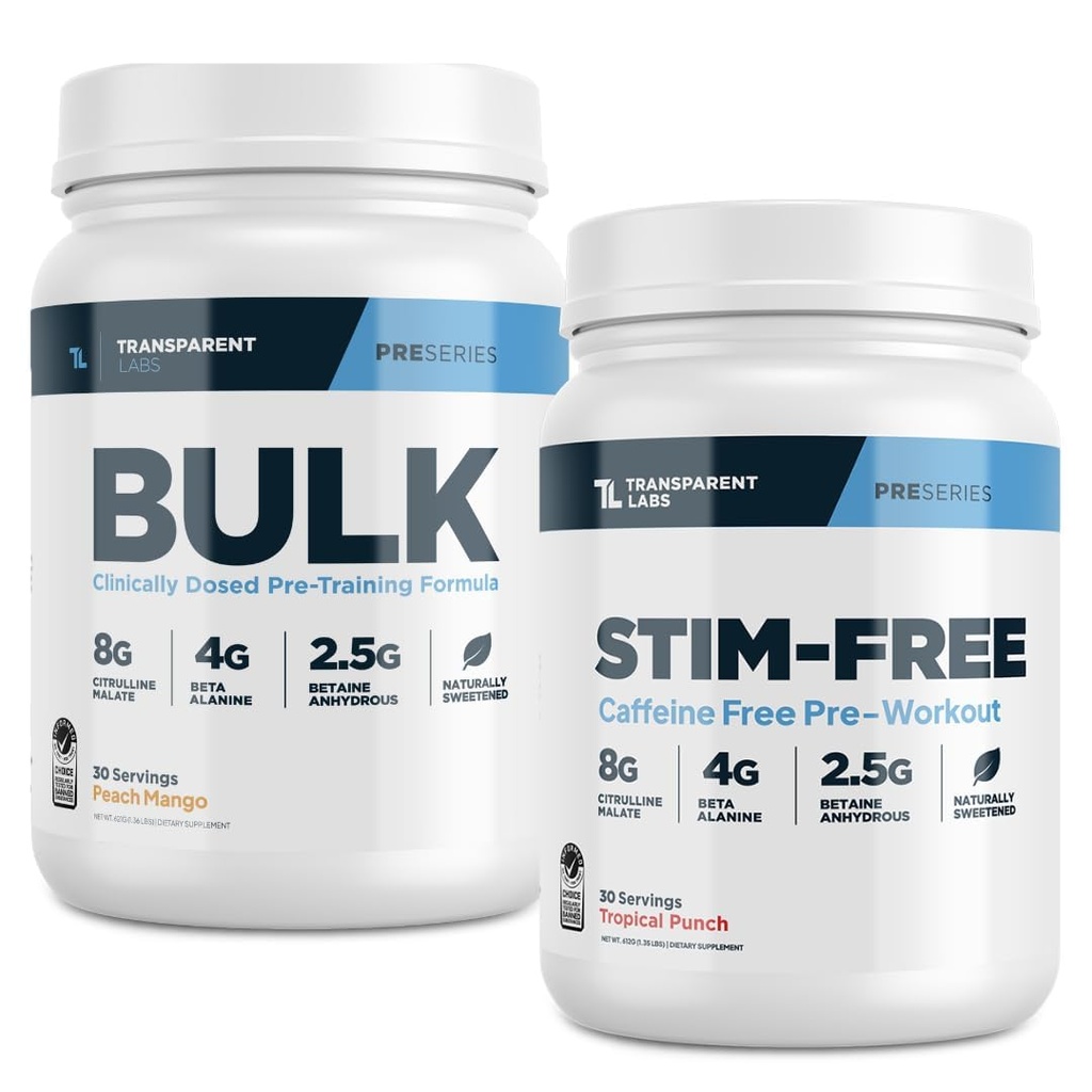 Transparante labs Bulk pre-workout (30 porties, perzik Mango) & Stim-free pre-workout (30 porties, tropische punch)