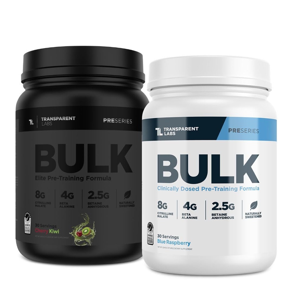 Transparante labs Bulk pre workout poeder voor spieropbouw en sterkte - 30 porties, Blue Raspberry & Bulk Black Pre workout met Beta Alanine - 30 porties, Cherry Kiwi