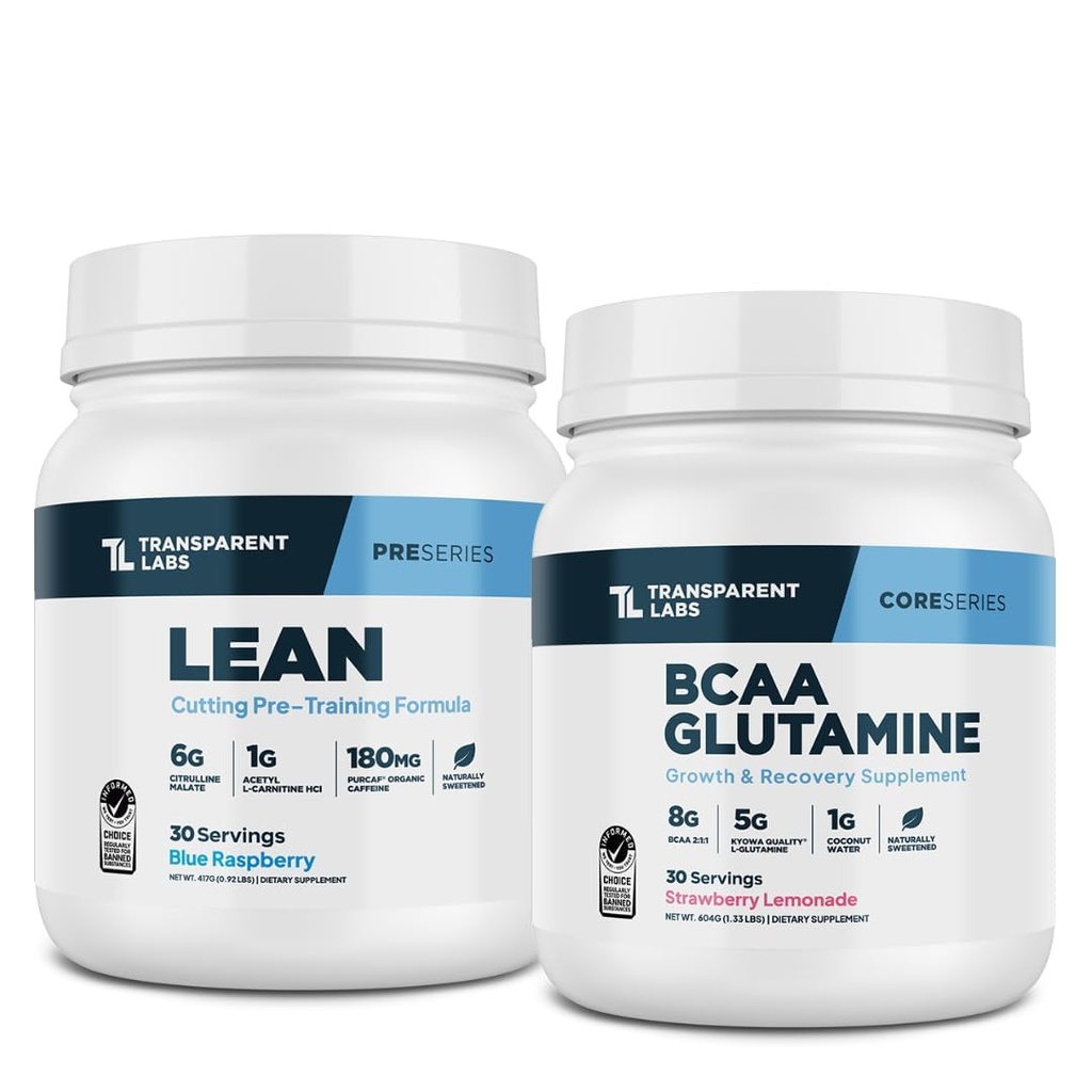 Transparante labs Lean Pre-Workout Powder (30 porties, blauwe framboos) & BCAA Glutamine (30 porties, aardbeien limonade)