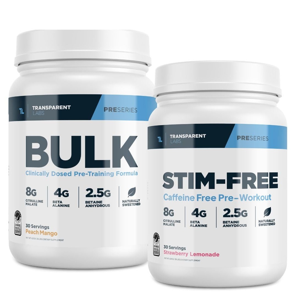 Transparante labs Bulk pre-workout poeder (30 porties, Peach Mango) & Stim-free pre-workout poeder (30 porties, aardbeien limonade)