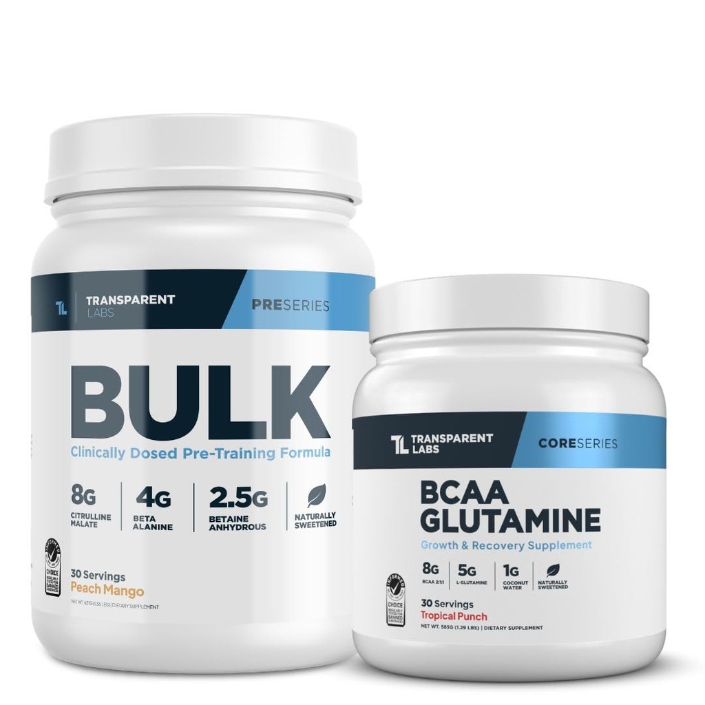 Transparante labs Bulk pre-workout (30 porties, perzik Mango) & BCAA Glutamine (30 porties, tropische punch)