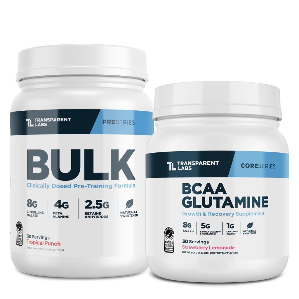 Transparante labs Bulk pre-workout (30 porties, tropische punch) & BCAA Glutamine (30 porties, aardbeien limonade)