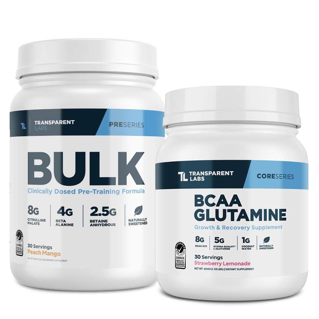 Transparante labs Bulk pre-workout (30 porties, perzik mango) & BCAA Glutamine (30 porties, aardbeien limonade)