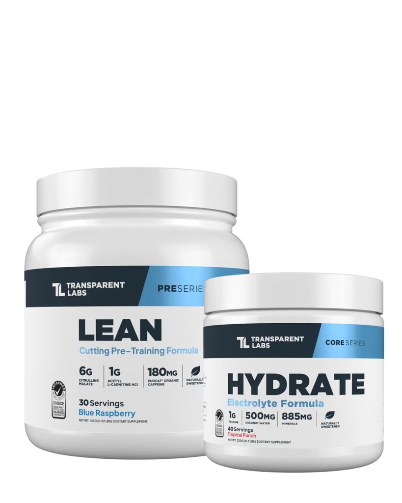 Transparante labs Lean Pre-Workout (30 porties, Blue Raspberry) & Hydrate Electrolytes Powder (40 porties, Tropical Punch)
