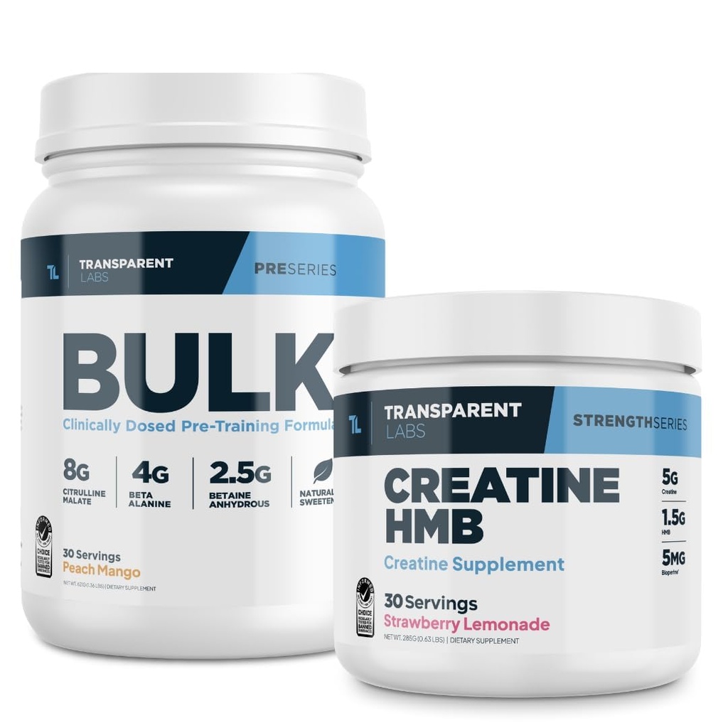 Transparante labs Bulk pre-workout poeder (30 porties, perzik Mango) & Createine HMB (30 porties, aardbeien limonade)
