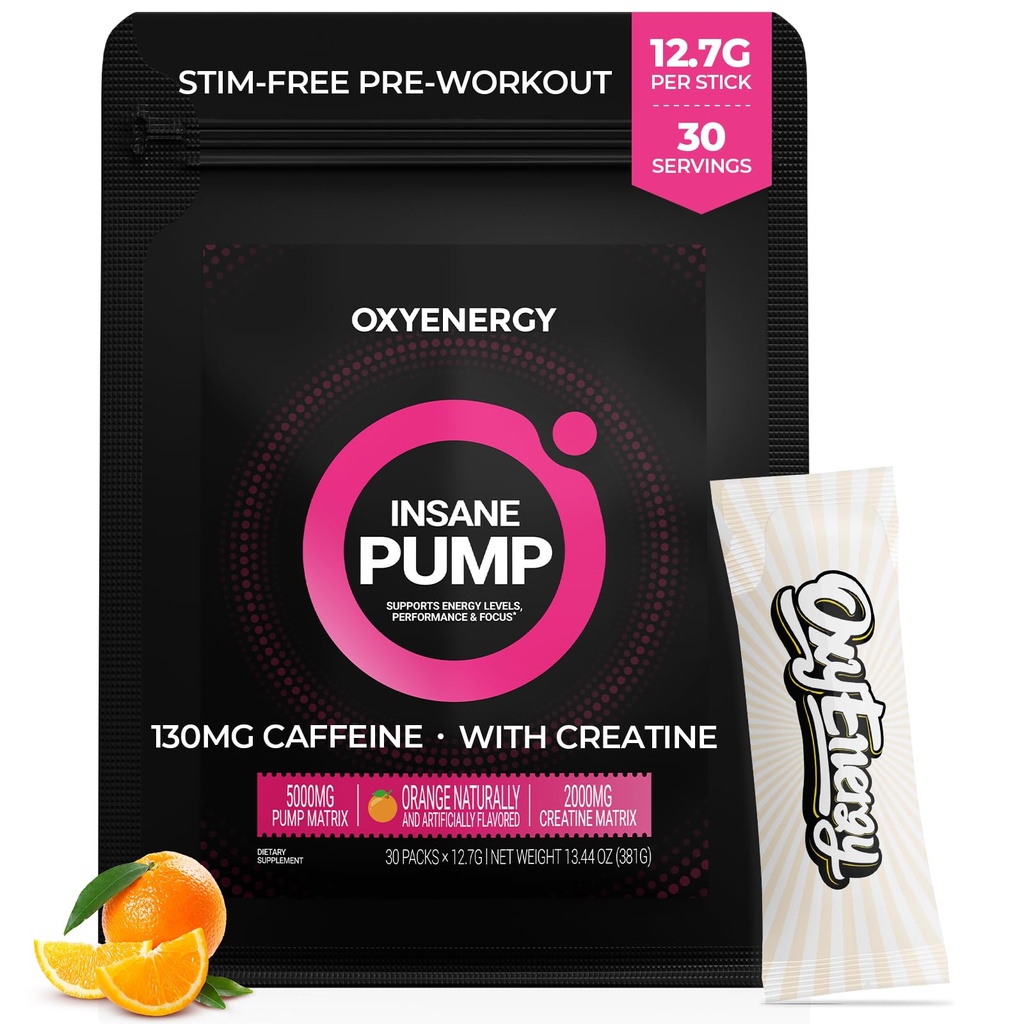 OxyEnergy Pre Workout Powder -Orange, Non Stim 130mg Low Cafeine, On-The-Go Packets met Beta Alanine, Createine Monohydraat & Taurine voor gevoelige gebruikers, Vrouwen, Avondworkouts - 30 Serves