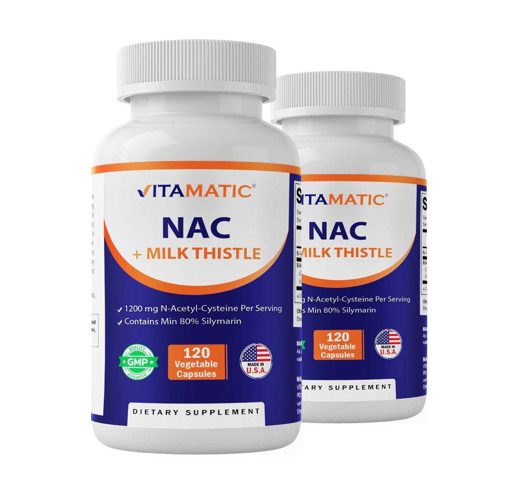 Vitamatic NAC Supplement N-Acetyl-L-Cysteine (NAC) with Milk Thistle 50:1 Extract - Supports Immune, Respiratory, Liver Health, 1200 mg per Serving, 120 Veg Capsules - 2 Pack