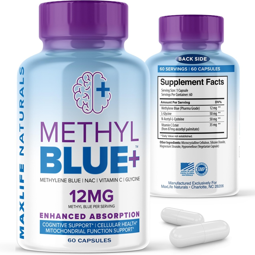 MAXLIFE NATUURLIJST Pure Methyleen Blue Capsules, Ultimate Methyleen Blue Pharmaceutical Graad 12mg - 60 Capsules met Vitamine C Ester & NAC Glycine, ondersteunt Cellular & Cognitive Functie, Made in USA
