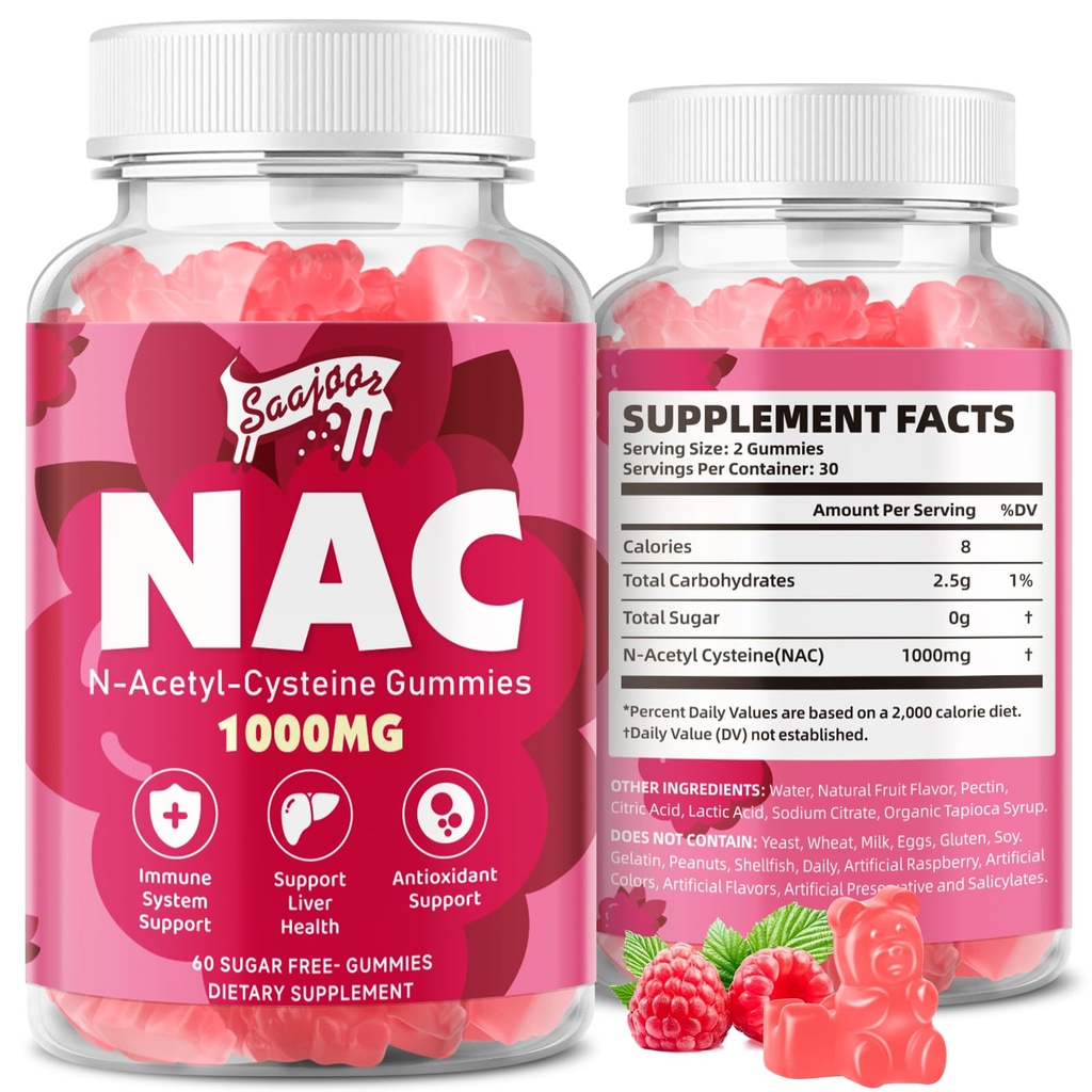 NAC Gummies Sugar-Free, N-Acetyl Cysteine NAC Supplement 1000mg voor Antioxidanten, Immuun Ondersteuning, Non-GMO, Gluten-Free, Veganistisch 