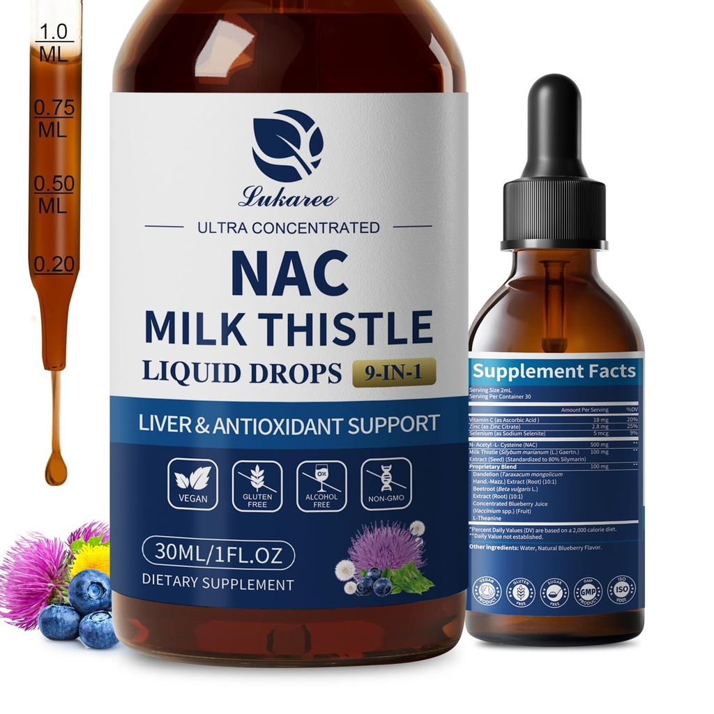 Lukaree Liposomale NAC Supplement N-Acetyl-L-Cysteine 600 mg met melkdistel - NAC Aminozuurdruppels met/selenium voor lever- en nierondersteuning*, Long, Antioxidanten & Immuunondersteuning*- Veganistisch, Non-GMO-2oz