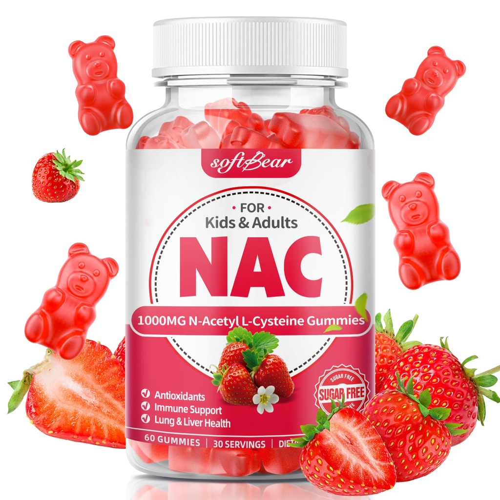 softbear NAC Gummies for Kids & Adults, NAC Supplement 1000mg N Acetyl Cysteine Ondersteunt Lung & Liver Health, Antioxidanten & Immune System, Strawberry Flavor 60 Tel.
