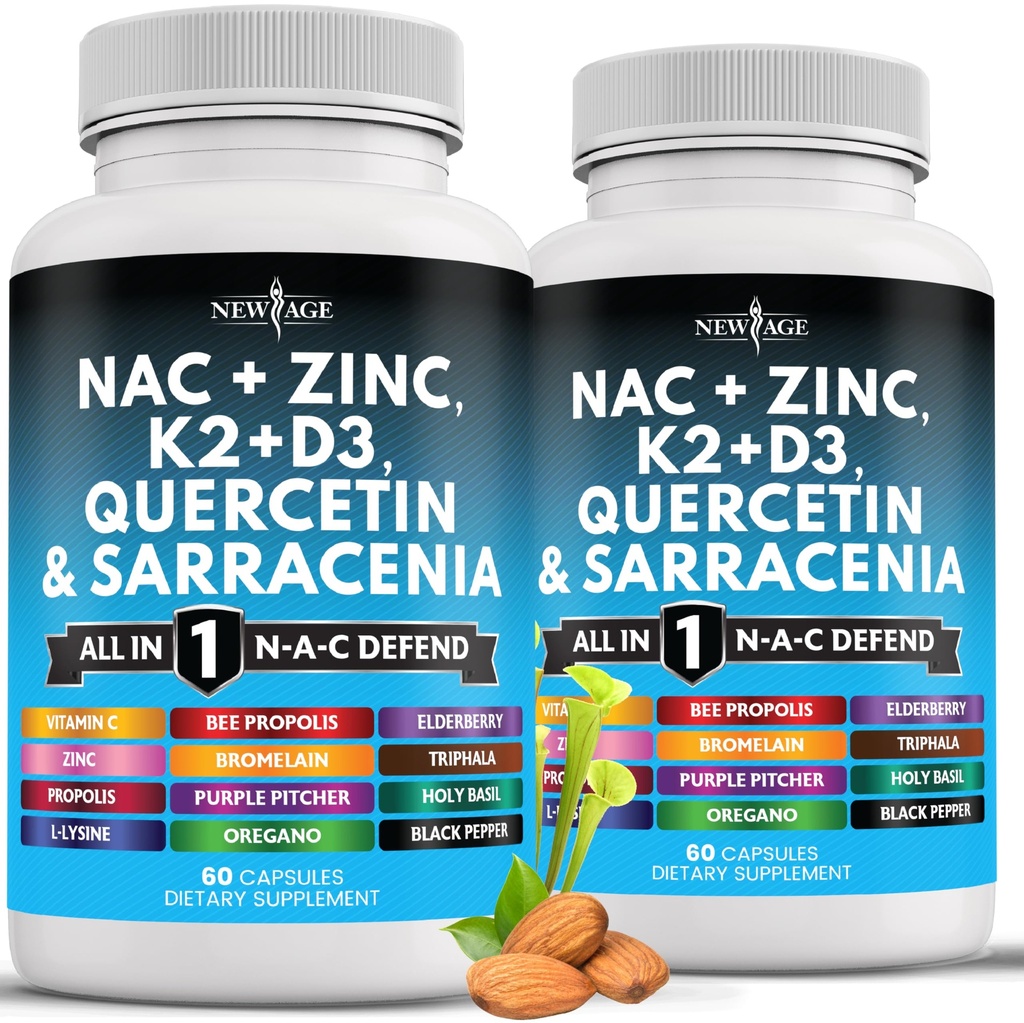NEW AGE NAC Supplement N-Acetyl Cysteine- met vitamine D3, K2, zink, quercetin, Triphala, Sarrarenia Purpurea, Vlierbes, Holy Basil, Bee Propolis, Bromelain, L-Lysine - 120 Tel.
