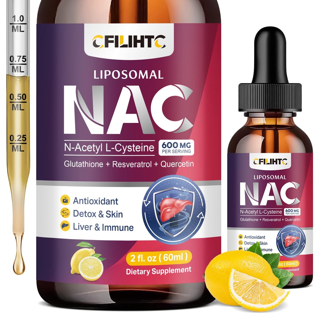 Liposomal Liquid NAC Supplement N-Acetyl Cysteine Drops, N Acetyl Cysteine 600mg met Glutathion, Resveratrol & Zink voor volwassenen en kinderen Lever Lung Antioxidant Immune & Skin Health, Citroen 2 Fl Oz